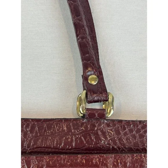 Vintage Burgundy Croc Embossed Leather Handbag Gold Hardware Top Handles Elegant - Picture 5 of 13